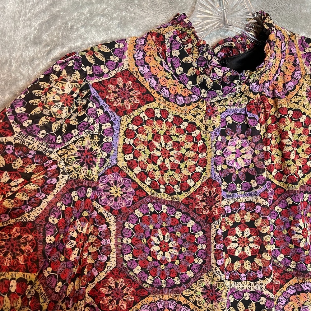 Maison Tara Women Chiffon Tiered Mini Dress‎ 8 Boho Geometric Mandala High Neck